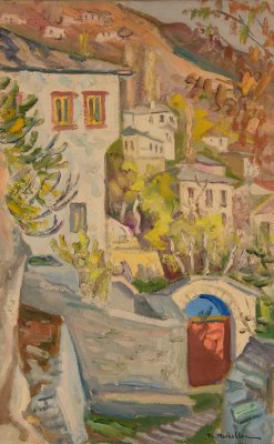 Makrinitsa with Reflected Light — Oil painting, Canvas, 38.00×61.00cm — Theodoros Markellos
